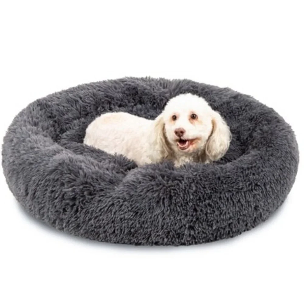 PLUSH CALMING DONUT ROUND PET BED FURY COZY DOG CAT PUPPY LOUNGER SIZE S/M NWOT